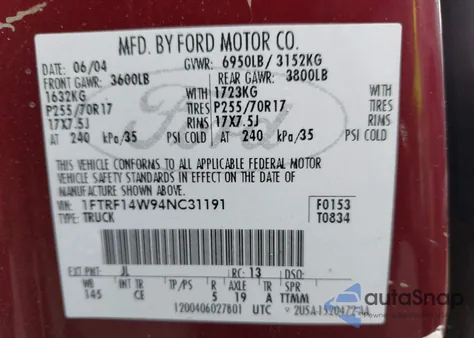 2004 Ford F-150 Stx/Xl/Xlt from USA, damaged, VIN 1FTRF14W94NC31191